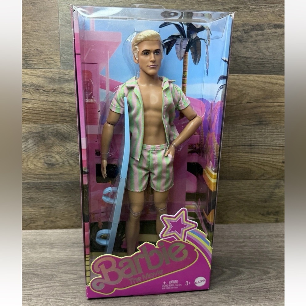 Barbie the Movie Ken doll with pastel stripe surfboard NIB